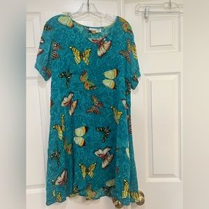 Vtg Y2K Butterfly Garden Farm Girl Green Midi Rayon Stretch Resort‎ Dress Small